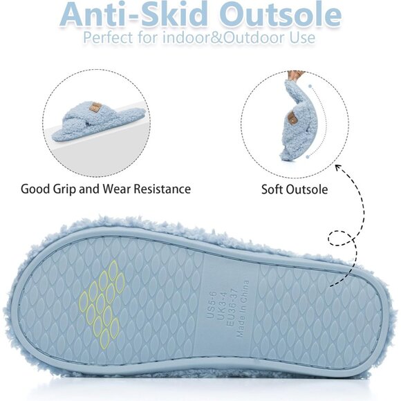 ⚡Women’s Sky Blue Faux Fur Cozy Fuzzy Cross Band Slippers Indoor House Shoes - Picture 5 of 6